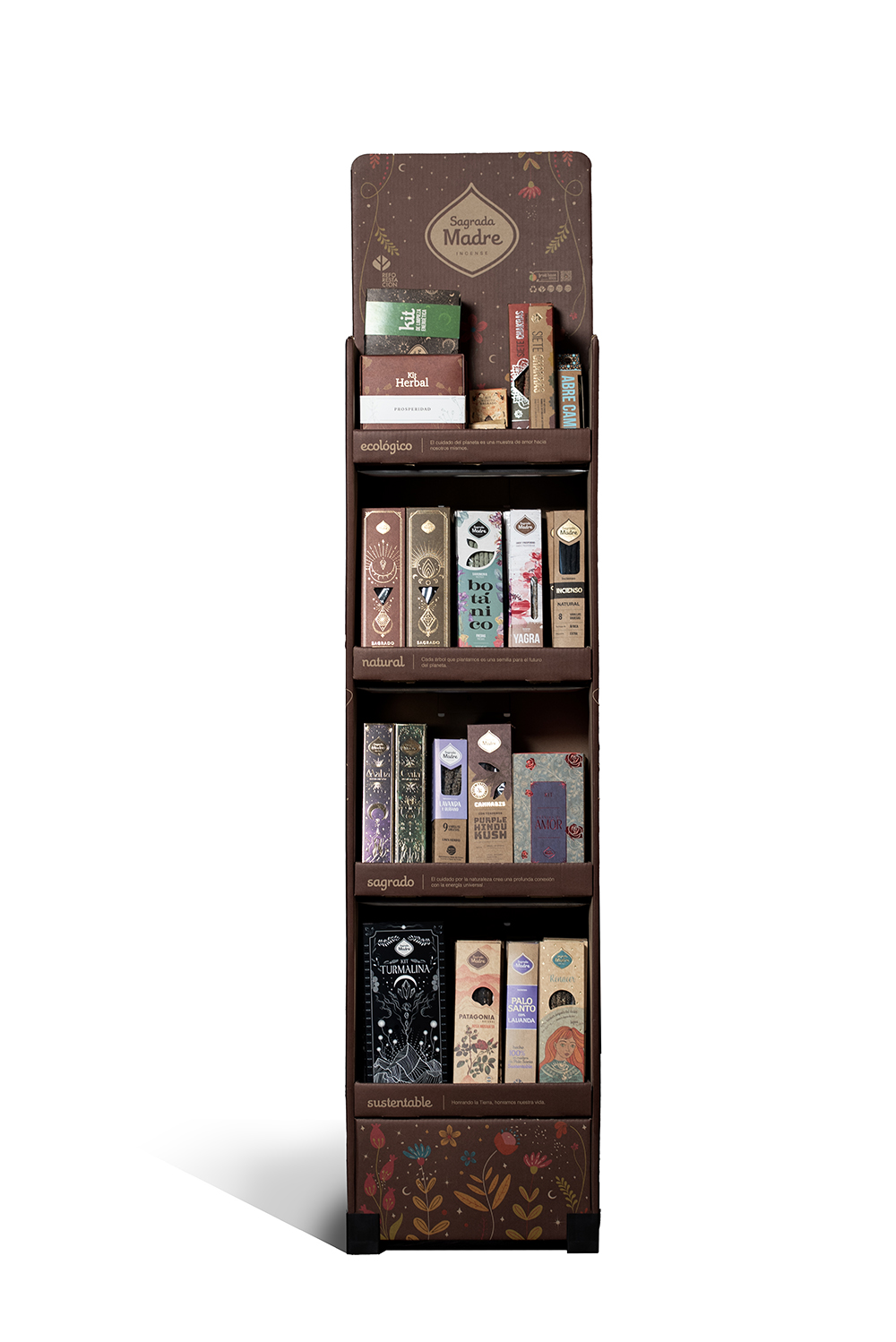 Exhibidor Sagrada Madre Multinivel de Carton (medidas 38cm Ancho x 25cm Profundidad x 1,35 de Altura + La Parte Superior O Cabezal de 30cm, La Altura Total 1,65 Mts.